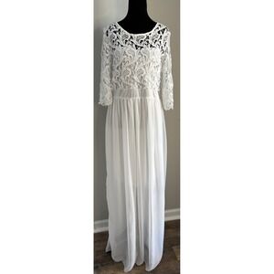 White Lace Maxi Dress with Sheer Skirt and Three-Quarter Sleeves